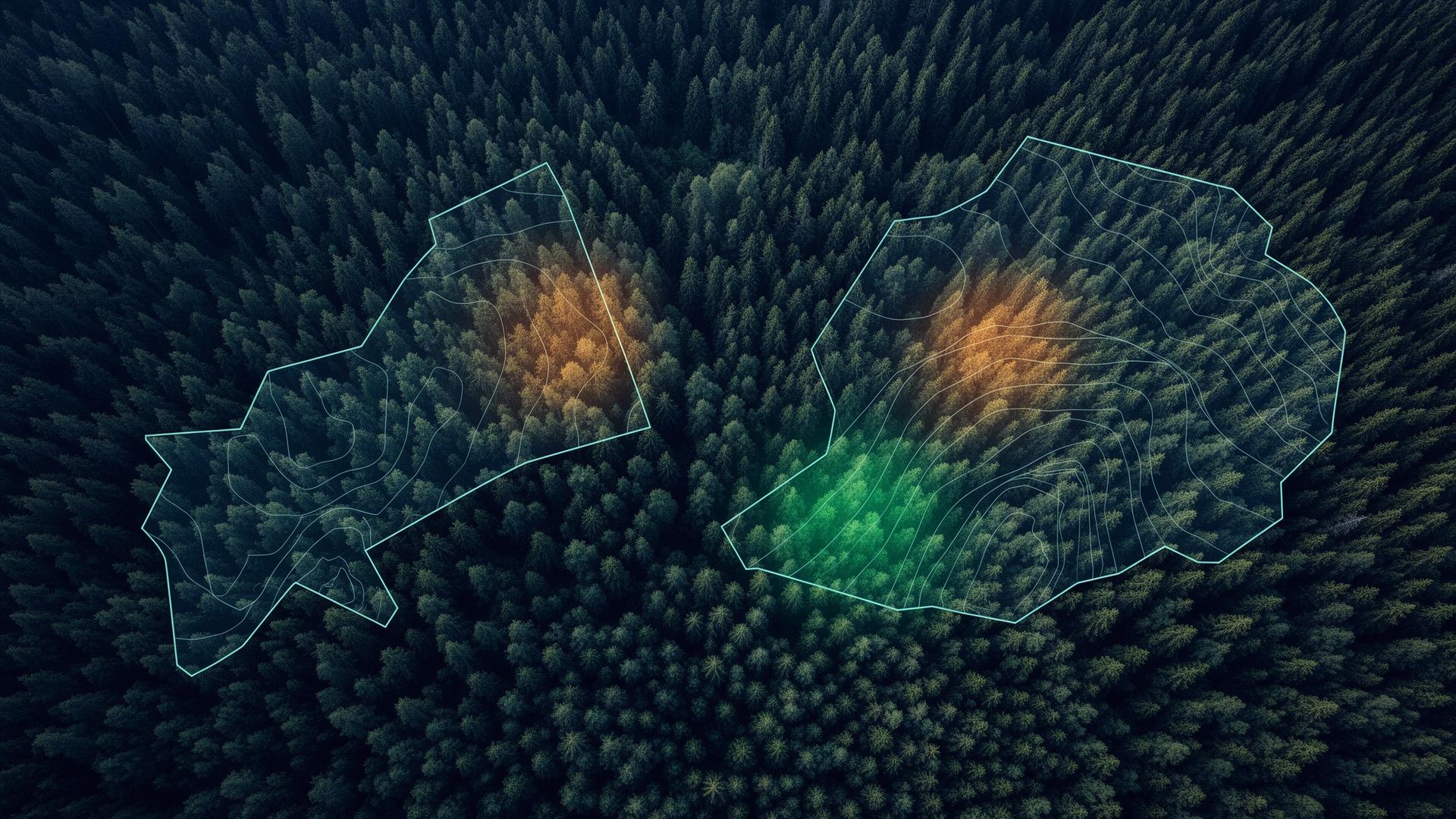 Top-down satellite view of European forest canopy with parcel outlines, biomass heat layer and canopy height contours
